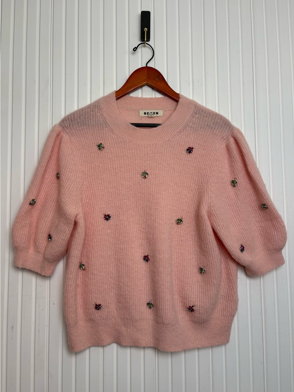 Boden Wool Alpaca Blend Sweater Embellished Pink Soft Feminine Dainty Event